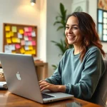 Person working from home on their online business with laptop and notes.
