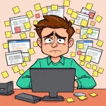 Person struggling with too many tasks in online business, showing common beginner mistakes.
