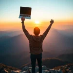 Successful internet marketer celebrating online business success in nature.