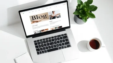 Flat-lay of laptop and coffee cup on desk with blog setup for online business.