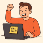 Person celebrating first online sale at a laptop