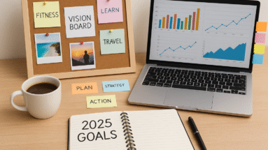 Modern home office desk with a vision board and “2025 Goals” notebook