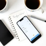 Budgeting app on smartphone with savings notes on desk.