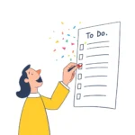 11109 Cartoon person celebrating as they check off the last item on a checklist.