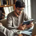 Online learner engaging with digital marketing course materials at home
