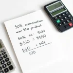 12509 Notepad showing affiliate commission calculations with a calculator and pen.