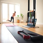 Home workout setup with yoga mat, resistance bands, and fitness video.
