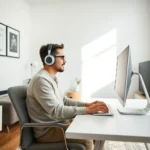 Independent digital marketer focused on solo work at home office desk.
