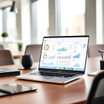 Laptop displaying SaaS dashboards and productivity software tools.