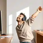 A person stretching next to a desk, taking a short break with headphones off, smiling and relaxed.