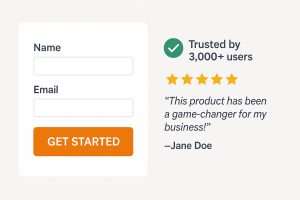 Landing page with testimonials, trust badges, and social proof near the form