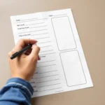 41109 Hand filling out a printable goal-setting worksheet on a desk.