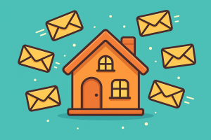 43009 Illustration of emails flowing into a home-shaped hub, representing an email list.