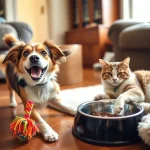 Dog with toy and cat with food bowl showing pet products.