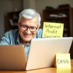 53009 Retiree smiling with laptop closed and note that says Internet Profit Success.