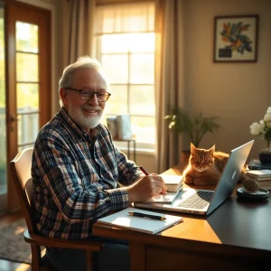 Header Retiree working on content marketing at home with a laptop and coffee.