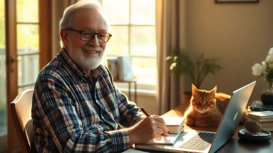 Retiree working on content marketing at home with a laptop and coffee.