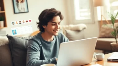 Beginner affiliate marketer working from home on laptop with a cozy and focused vibe