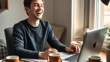 Person writing with ChatGPT at a cozy home desk, smiling at their screen