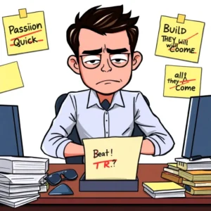 header Frustrated entrepreneur surrounded by common online business myths like passion, quick riches, and build it they will come.