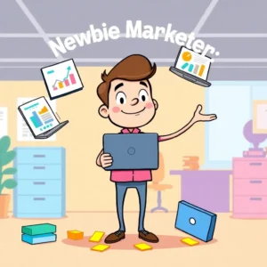header Beginner marketing mistakes illustrated with a marketer juggling too many tasks.