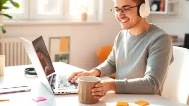 Online marketer working from a stylish home office with focus and energy
