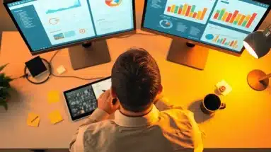 Person reviewing affiliate program dashboards and filling out a checklist at their desk.
