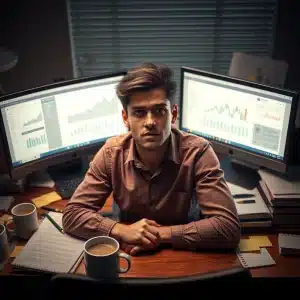 header Stressed beginner internet marketer struggling with tech and information overload.