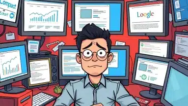 Overwhelmed beginner committing fatal mistakes new internet marketers make while juggling too many tasks.