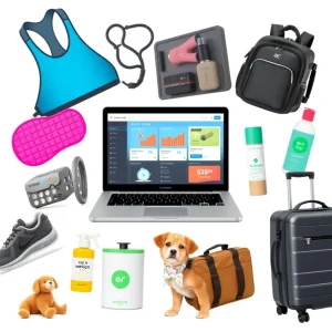 Collage of high demand affiliate niches including fitness, finance, tech, pets, and travel products.