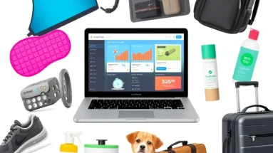 Collage of high demand affiliate niches including fitness, finance, tech, pets, and travel products.