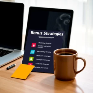 header Desk setup with a laptop, coffee, and a checklist titled ‘Bonus Strategies’ surrounded by colorful icons representing marketing bonuses.