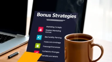 Desk setup with a laptop, coffee, and a checklist titled ‘Bonus Strategies’ surrounded by colorful icons representing marketing bonuses.