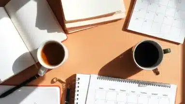Messy desk with half-finished notebooks, spilled coffee, and a skipped calendar, symbolizing how inconsistency ruins plans.