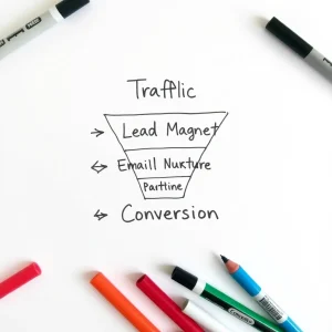 1021125 Hand-drawn funnel diagram representing E-Myth marketing systems and online business structure.