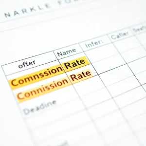 Google Docs table used to organize affiliate offers and commission details.
