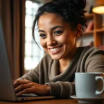 1071025 Internet marketer writing a thank-you email from home, showing appreciation