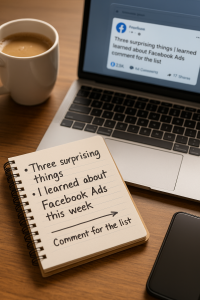 Bullet list notes and a teaser-style Facebook post — illustrating how to tease tips before sharing full content.