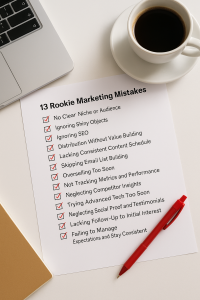 4051125 Checklist of 13 rookie marketing mistakes with workspace background