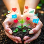 4071025 Hands planting seeds that grow into symbols of connection and online growth