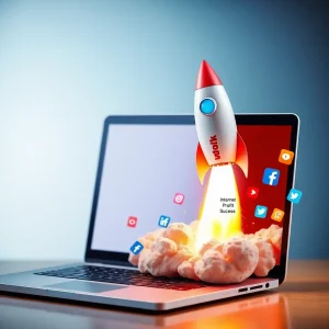 4211025 Rocket labeled “Visibility” launching from laptop to symbolize getting seen online fast