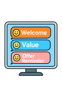 Follow-up email sequence for a sales funnel shown on a laptop screen