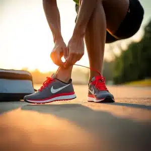 A sunrise shot of a runner tying Nike shoes, laptop bag beside them ,  representing a fresh start and ongoing growth.