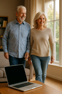 70610 Happy retirees stepping away from laptop after building Internet Profit Success online.