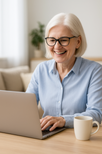Header Retiree smiling at laptop with coffee, exploring high paying affiliate programs online.