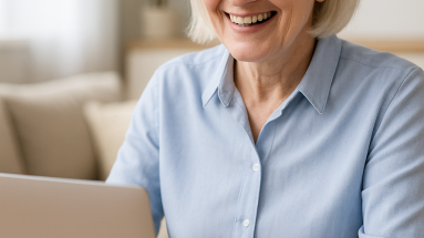 Retiree smiling at laptop with coffee, exploring high paying affiliate programs online.
