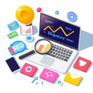 header Illustration of internet marketing acronyms like SEO, PPC, and ROI with digital icons around a laptop.