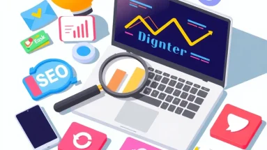 Illustration of internet marketing acronyms like SEO, PPC, and ROI with digital icons around a laptop.