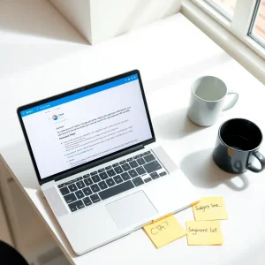 header Flat lay of a laptop and notes highlighting beginner email marketing mistakes