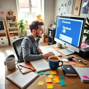 header Marketer planning Facebook post types that boost engagement with notes and laptop